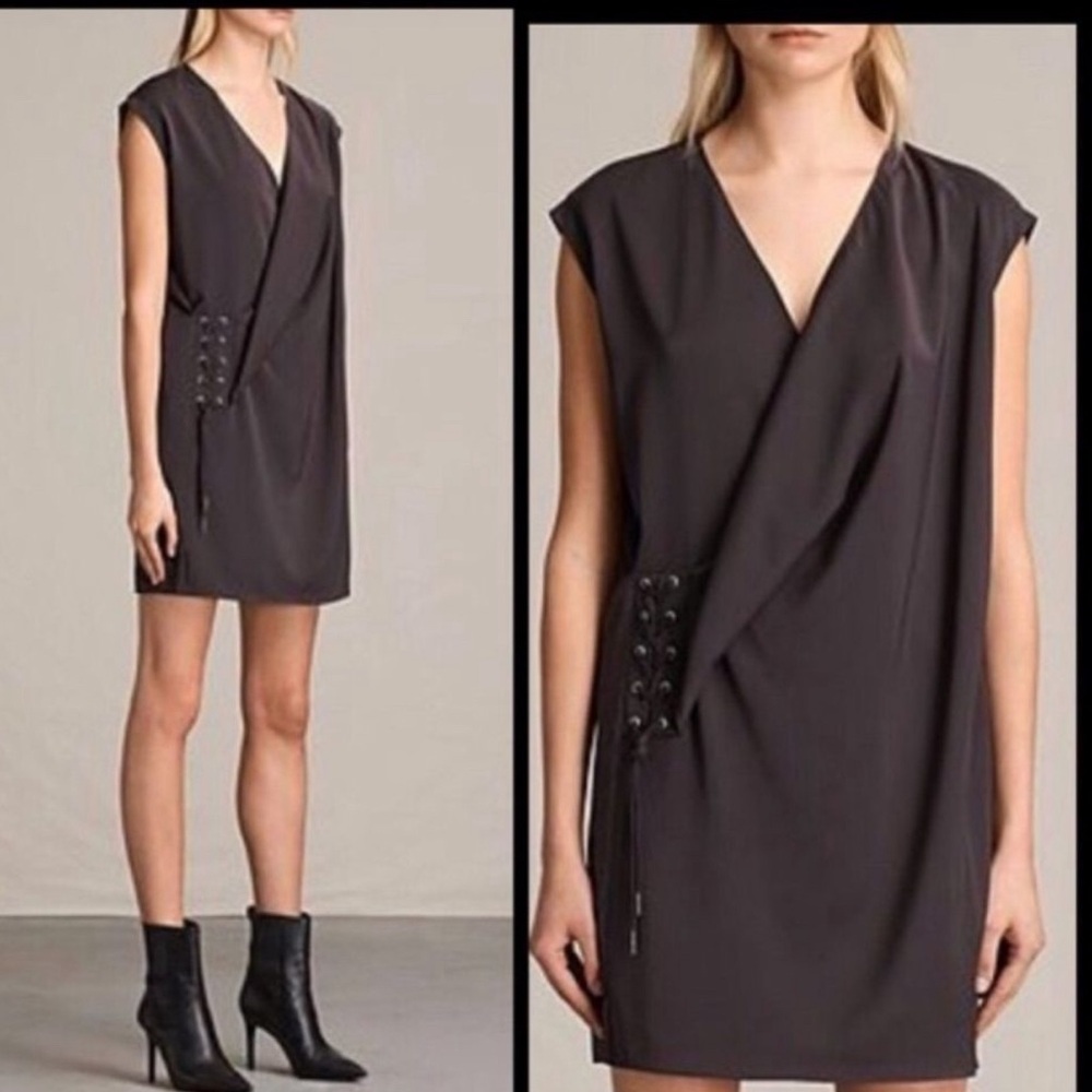 All Saints  Áures Silk Dress  Black Lace Tie drape Mini 2